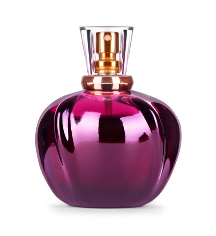 pink perfume container with a gold cap made of metal